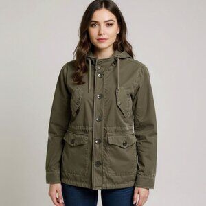 Forever 21 Unisex Y2K Hooded Olive Green Utility Jacket Cargo Pockets Size Small